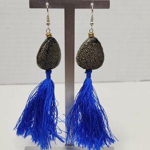 5 for $25! Claycult Cambodia Handmade Clay Earrings with Blue Tassel